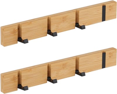 Homium Wandkapstok van bamboe 4 haken - set 2 stuks - hout - 40 cm - muurkapstok