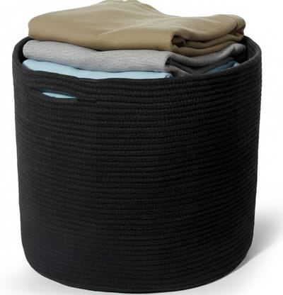 Woven Opbergmand met Handvatten, 30 x 30 cm, Zwarte Wasmand voor Kleding, Dekens en Organisatie