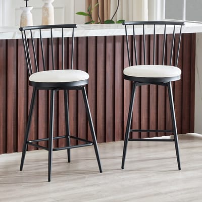 FloraGrace Barkruk – Windsor-Stijl Met Rugleuning – Set Van 2 – Kunstleer En Metaal – Industrieel – Wit/Zwart – Voor Keukeneiland En Bar