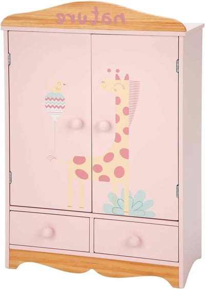 Houten speelgoedkast - Poppenkast - Poppenkleding opbergen - Inclusief hangers en lades - 40x20x61 cm - Roze