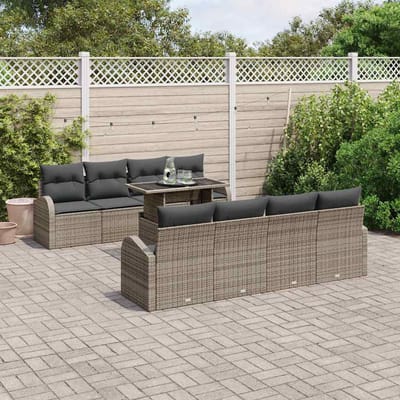 vidaXL Tuinbank Set met kussen met opslag 9 pcs Grijs Poly Riet