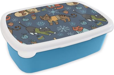 Broodtrommel Blauw - Lunchbox - Brooddoos - Kat - Dieren - Kerst - Patroon - 18x12x6 cm - Kinderen - Jongen