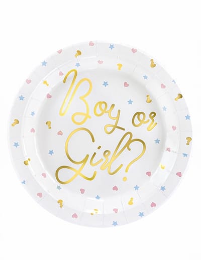 PARTYDECO - 6 kartonnen borden "Boy or Girl" wit 23 cm baby shower