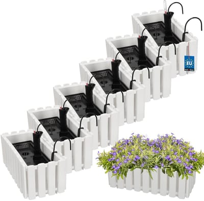 KOTARBAU® 6 st Balkonbak, Bloembak voor Balkon, Kunststof, 38 x 18 x 16 cm, Wit, Balkonbak met Houder, Zelfbewaterend Systeem, Balkon Plantenbak, Weerbestendige Plantenbak