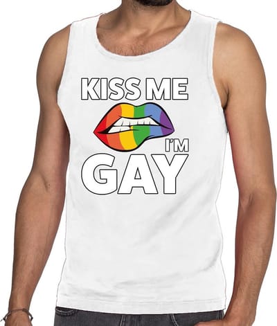 Kiss me i am gay tanktop / mouwloos shirt wit voor heren - Gay pride kleding S