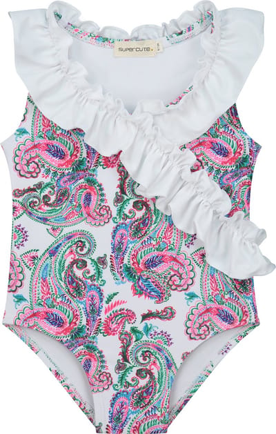Supercute baby badpak wit paisley met witte ruffels maat 74/80