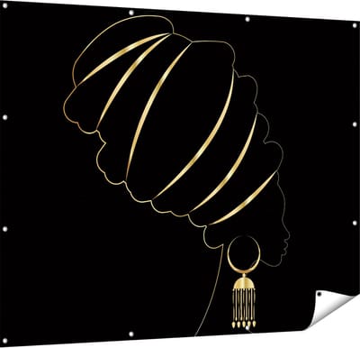 Gards Tuinposter Afrikaanse Vrouw met Gouden Zwarte Tulband - 150x120 cm - Tuindoek - Tuindecoratie - Wanddecoratie buiten - Tuinschilderij