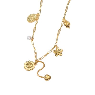 Aramat Jewels | Halskettingen | Goudkleurige damesketting met parel en bedels – 45+5 cm | | | |1,5mm | Staal | Volwassenen | Verkleurd niet