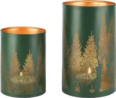 Dekoratief | Set 2 Waxinelichthouders 'Mystery Forest', groen/goud, metaal, 12x12x20cm | A258092