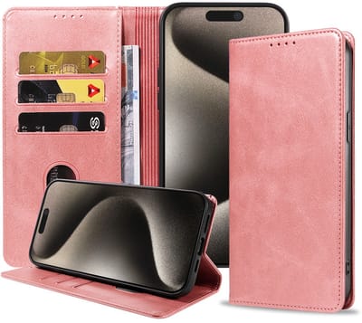 Smartphonica Telefoonhoesje Geschikt voor iPhone 15 Pro Kunstleer met Magnetische sluiting en Pasjeshouders Bookcase met Klepje - Roze geschikt voor iPhone 15 Pro