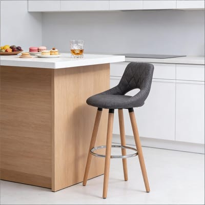 MODENUIT Barkruk 68 cm - Met Rugleuning En Antislip Voetdoppen - Voor Keuken En Bar - Hout En Linnen - Donkergrijs
