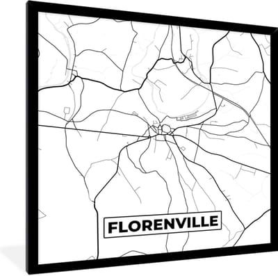 Fotolijst incl. Poster Zwart Wit- Stadskaart – Plattegrond – België – Zwart Wit – Florenville – Kaart - 40x40 cm - Posterlijst