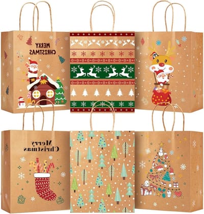 Kerst Cadeauzakjes - Papieren Geschenkzakken - Cadeaus Verpakken - 6 Verschillende Ontwerpen - 15x8x20 cm - Bruin