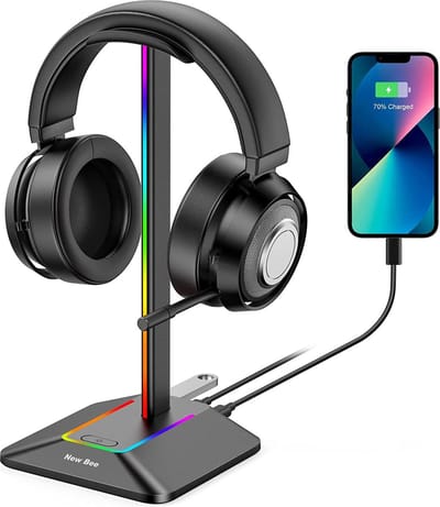 Golden Note, New Bee Z8 Koptelefoon Houder met USB Type-C en A poort en RGB led verlichting, Headphone Stand