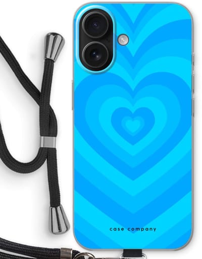 Case Company® - Hoesje met koord geschikt voor iPhone 16 hoesje met Koord - Hart Blauw - Telefoonhoesje met Zwart Koord - Bescherming aan alle Kanten en Over de Schermrand