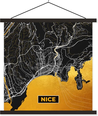 Posterhanger incl. Poster 60x60 cm - Schoolplaat - Stadskaart – Nice - Frankrijk – Kaart – Plattegrond - Textielposter - Zwarte latten - Stadskaart
