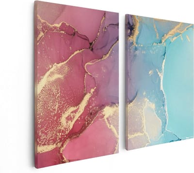 Artaza Canvas Schilderij Tweeluik Abstracte Kunst van Marmer - Roze met Blauw - 80x60 - Foto Op Canvas - Canvas Print