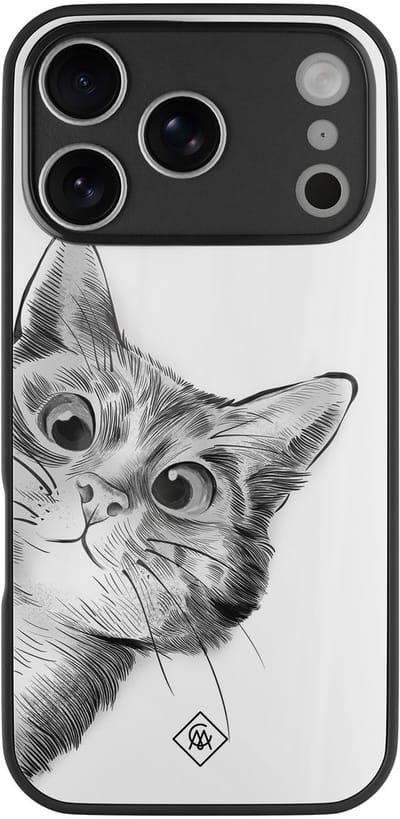 Casimoda® hoesje - Geschikt voor iPhone 17 Pro - Peekaboo Kat - Luxe Hard Case Zwart - Backcover telefoonhoesje - Wit