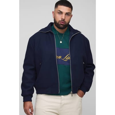 Plus Gebreide kraag ritssluiting wollen-look bomberjack | Navy | Size 2XL