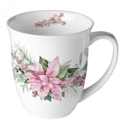 Ambiente - mok-beker met oor - porselein - pointsetta - kerstroos - roze - fine bone china - kado - winter