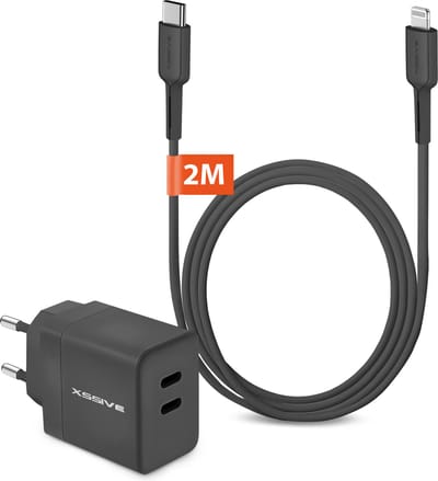 Snellader 2 Poorten met Oplader Kabel 2 Meter - Geschikt voor Apple iPhone, iPad, AirPods met Lightning naar USB-C Kabels