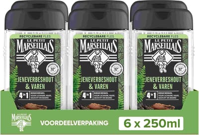 Le Petit Marseillais 4in1 douchegel voordeelverpakking - jeneverbeshout en varen - biologisch afbreekbare formule - 6x250 ml