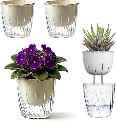 KZQ Zelfwaterende Bloempot 10cm Set van 4 Stuks, Doorzichtige Plantenbak met Reservoir en Lontsysteem, Geschikt voor Binnenplanten zoals Vetplanten, Kruiden, Cactus en Orchideeën