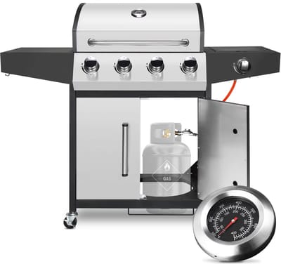 BBQ 5 in 1 - Barbecue op gas - Zilver - Thermostaat - Olievanger accessoires - Gasgrill met zijbrander