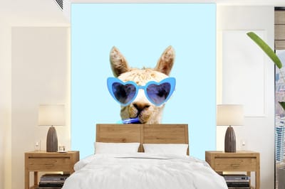 Dieren behang - Fotobehang - Lama - Zonnebril - Blauw - Dier - 165x220 cm - Fotobehang dieren - Foto behang
