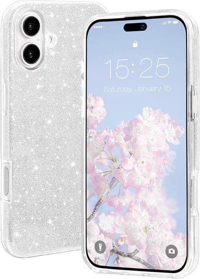 Casemania Hoesje Geschikt voor Apple iPhone 16 - Zilver - Glitter Back Cover