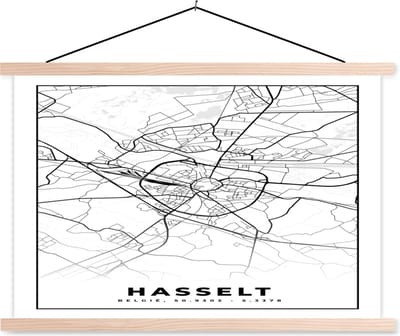 Posterhanger incl. Poster 90x60 cm - Schoolplaat - Stadskaart – Plattegrond – België – Zwart Wit – Hasselt – Kaart - Textielposter - Blanke latten - Stadskaart