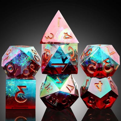 Hars Dobbelstenen - RPG Dobbelstenen Set - Tafelspel Avonturen - Dubbellaags Iridescent Plating - 7 stuks - Rood Blauw