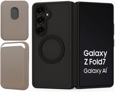 Hoesje + Pasjeshouder geschikt voor Samsung Galaxy Z Fold 7 - Portemonnee geschikt voor MagSafe - Magnetisch - Pasjes Houder - Creditcardhouder - Taupe