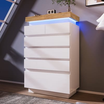 Commode, hoogglans dressoir met 6 lades, LED-verlichting (app-bediening), multifunctioneel meubel voor woonkamer en slaapkamer, 115 x 73 x 39 cm, wit