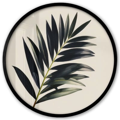 Poster in lijst Rond - Fotolijst 40x40 cm - Posters - Palmblad - Subtiel - Groen - beige - Ronde posterlijst zwart - Decoratie - Wanddecoratie woonkamer - Muurdecoratie slaapkamer