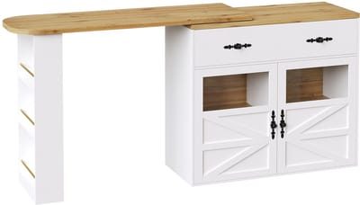 Uittrekbare bartafel met opbergruimte (138-204×39×104cm), 360° draaibare eettafel, moderne verrijdbare bar tafel, keukenblad hoge tafel, bistrotafel, dressoirkast met planken, wit