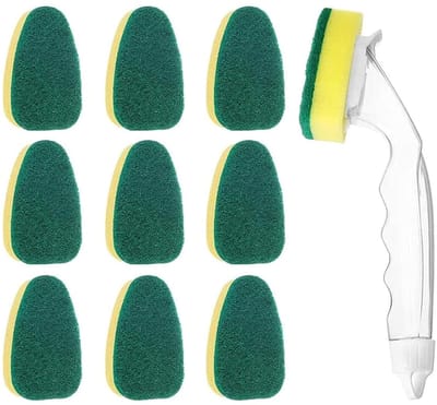 Dailygoods- Schoonmaak Spons - Vaatwasborstel met Handgreep - Muurspons - Reinigingsborstel - Inclusief 9 Vervangende Koppen - Hoogwaardige Kwaliteit - Afwasborstel