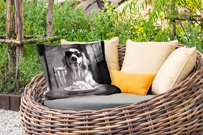 Buitenkussens - Tuin - Golden Retriever - Hond - Vrolijk - Bord spaghetti - Zwart - wit - 50x30 cm