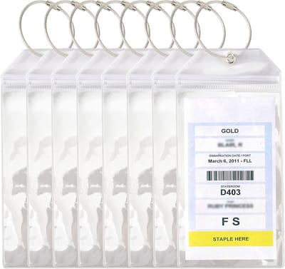 Thijox - 8-delige set waterdichte bagagelabels voor cruises, kofferaanhangers met clipsluiting en schroefbaar metalen band, geschikt voor Royal Caribb