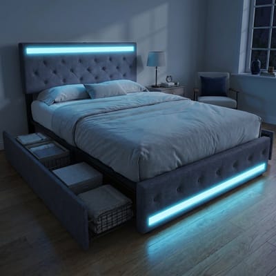 Opbergbed 140x200 cm met 4 lades - Gestoffeerd Tweepersoonsbed met RGB LED-verlichting - Lattenbodem en verstelbaar hoofdbord - linnen - grijs