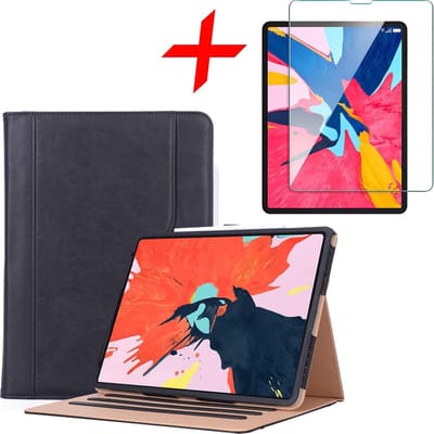 Hoes geschikt voor Apple iPad Pro 11 (2018) Smart Vintage Book Case Kunstleer Zwart + Screenprotector Gehard Glas Tempered Glass - Hoesje van iCall