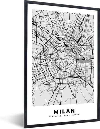 Fotolijst incl. Poster Zwart Wit- Milaan - Stadskaart - Zwart Wit - Plattegrond - Kaart - 40x60 cm - Posterlijst