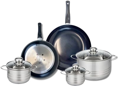 Set van 2 Koekenpannen 24 en 28 cm en 3 kookpotten 12, 14 en 20 cm Elo Prima Glanzend