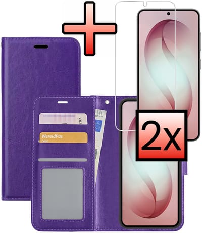 Hoesje - Met 2x Screenprotector - Geschikt voor Samsung Galaxy S26 - Luxe Pasjeshouder - Bookcase Portemonee - Flip Case - Kunstleer Book Case - Flipcase Hoes - Book Cover - Walletcase - Portemonneehoes - Paars