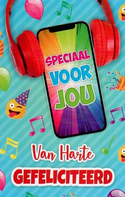 Van harte gefeliciteerd met je verjaardag! Een kleurrijke kaart met een afbeelding van smileys, ballonnen een mobiel en een koptelefoon. Leuk om zo te geven of om bij een cadeau te voegen. Een dubbele wenskaart inclusief envelop en in folie verpakt.