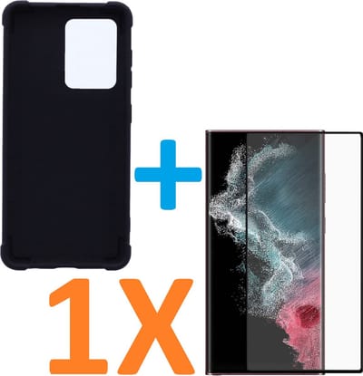 Anti-Shock silicone hoesje zwart met 1 Pack Tempered glas Screen Protector Geschikt voor: Samsung Galaxy S22 Ultra