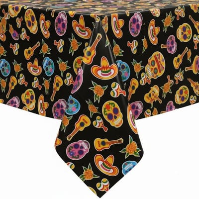 Protecttable - Rond Mexicaans tafelzeil Skull Zwart ⌀118cm - Tafelkleed Afwasbaar - Kunststof