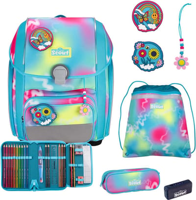 Scout Schooltas Safety Light Genius Set 5-delig Happy Rainbow Turquoise