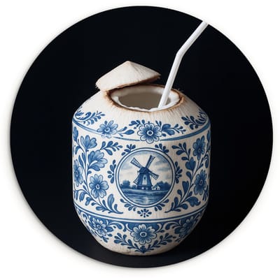 WallCircle® Wandcirkel 120x120 cm - Muurcirkel Kokosnoot - Eten - Delfts blauw - Drinken - Muurdecoratie woonkamer - Wanddecoratie slaapkamer - Kamer decoratie accessoires - Ronde schilderijen XXL