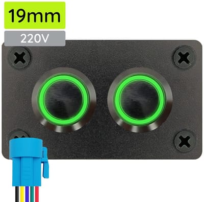 ProRide Metalen Pulsschakelaar 220V OFF-(ON) - Tweevoudig inbouwpaneel - 19mm - IP67 - LED indicatie Groen